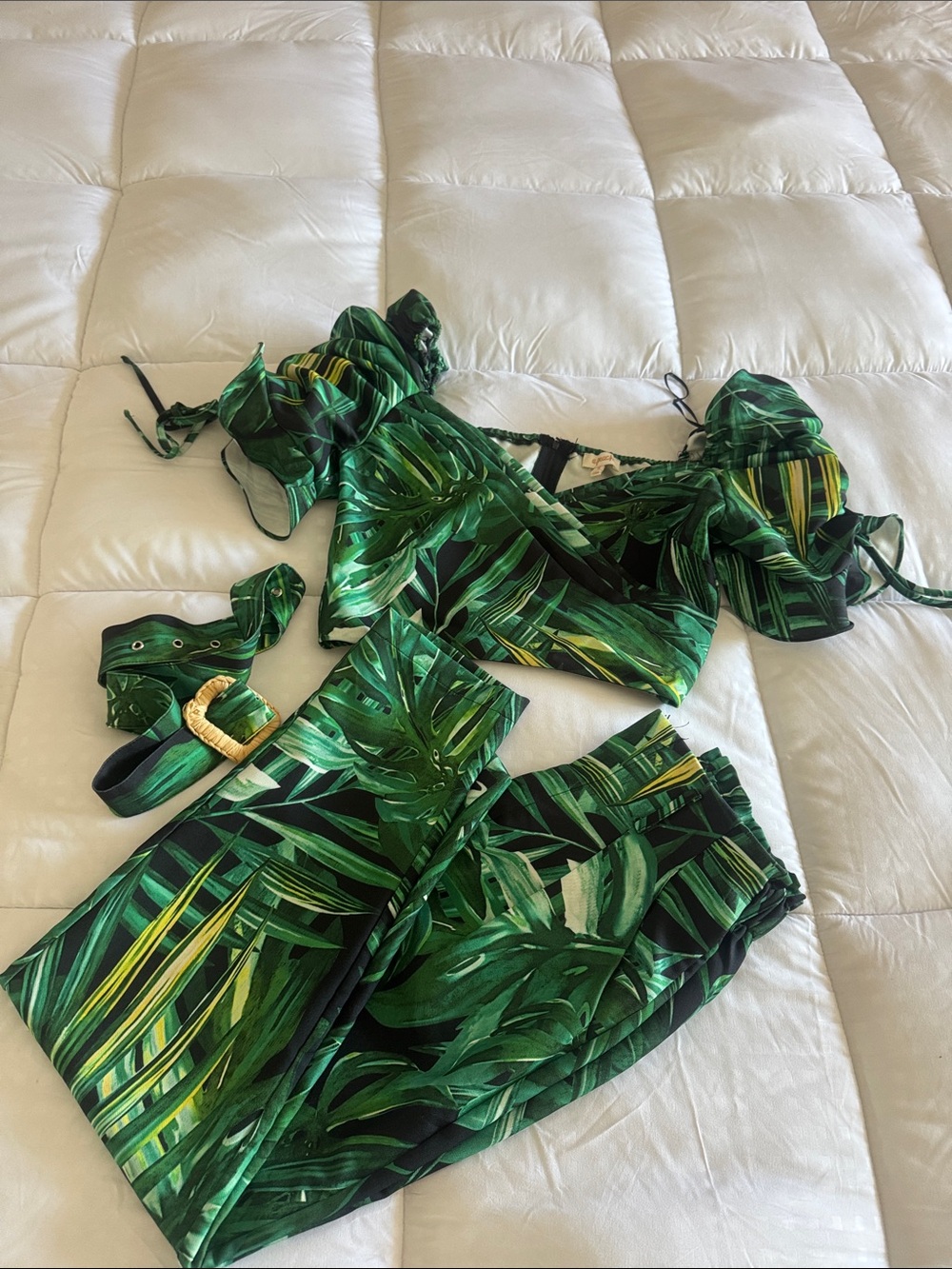 Tropical Green Leaf Two-Piece Set with Belt